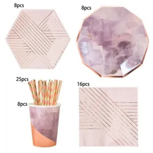 Disposable party tableware set pink watercolor geometric paper plates cups straws napkins