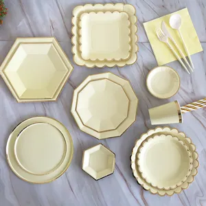 Disposable party paper plates gold rim cream tableware set for birthday wedding event