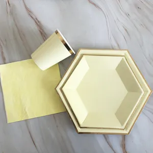 Disposable paper plate set yellow gold rim party tableware for kids birthday celebration