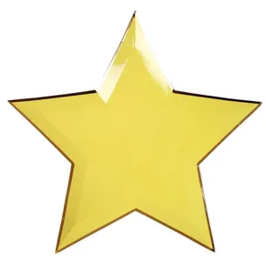 Gelber Stern Pappteller Detailansicht, metallischer Goldrand Einweg Partygeschirr für Kindergeburtstag.