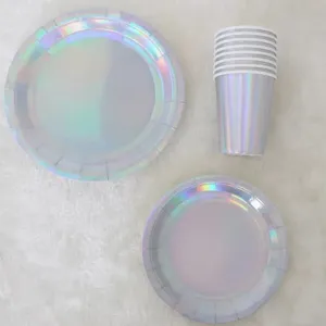 Set di piatti e bicchieri di carta olografica per feste di compleanno e stoviglie