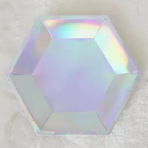 Piatto di carta esagonale olografico per feste di compleanno e decorazione torta lucido.