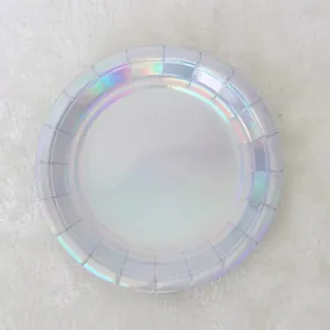 Piatto di carta olografico argento iridescente stoviglie monouso per feste di compleanno decoro