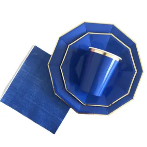 Königsblaue zehneckige Pappteller Party Geschirr Set mit Goldrand für Geburtstag Dekoration.