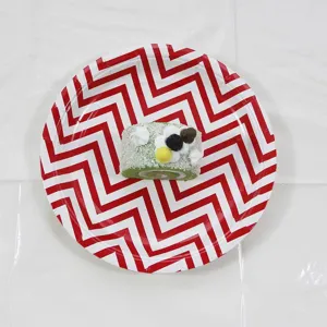 Disposable paper plate with red white chevron pattern detail for party table settings.