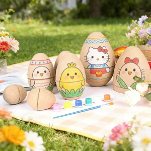 Set de pintura de huevos de pulpa de papel DIY de Pascua con adorables diseños de dibujos.