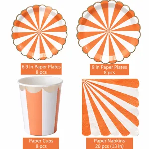 Disposable orange striped paper plates cups napkins party tableware set for tea cake set