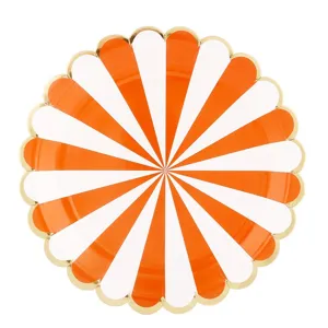 Orange and white striped paper plate with gold scalloped rim for party and afternoon tea use.