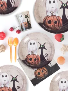 Halloween disposable tableware set paper plates cups and napkins for party decor detail view