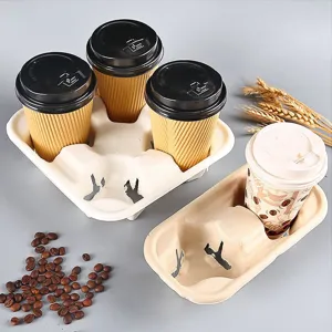Porte-Gobelet à Café en Pâte Biodégradable Plateau de Boisson Jetable Support à Boissons Deux et Quatre Tasses Emballage à Emporter