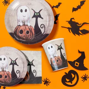 Halloween disposable tableware set paper plates cups napkins ghost pumpkin party eco friendly