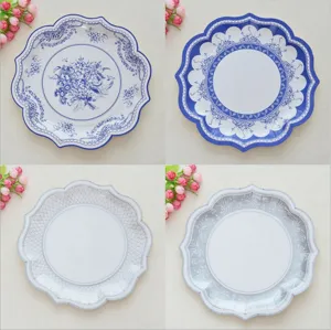 Einweg Papiereteller Blau Weiß Porzellan Stil Party Hochzeit Geschirr Retro Blumen Dekoratives Geschirr