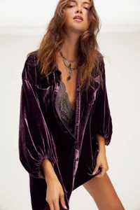 Dames Fluwelen Blouse Met Lange Mouwen Casual Losse Paarse Modieuze Stijlvolle Top
