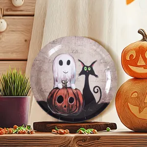 Halloween disposable paper plate with cute ghost pumpkin black cat design party table decor