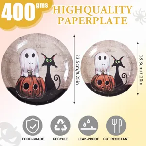 Halloween disposable paper plates set, ghost and pumpkin party tableware, eco-friendly.