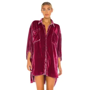 Dames fluweel overhemd knopen lange mouwen oversize magenta hoofdweergave top