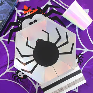 Halloween disposable paper plates cups spider theme party table set iridescent decor