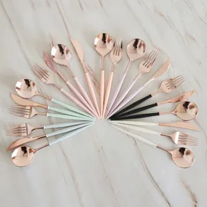 Rose Gold Plastic Knife Fork Spoon Tableware Set With Color Handle And Tissue For Party Wedding Dining