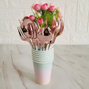 Rose gold plastic cutlery set with colorful handles, perfect for party tableware and events.