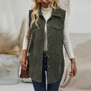 Women Casual Corduroy Lapel Single Breasted Vest Mid-Length Sleeveless Jacket With Pockets Solid Color Streetwear Outerwear