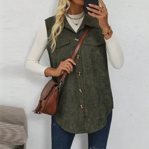 Casual corduroy lapel single-breasted vest detail view, elegant women's fashion outerwear.