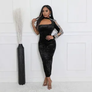 Women Sexy One Shoulder Rhinestone Bow Velvet Bodycon Dress Elegant Single Long Sleeve Mesh Patchwork Maxi Dress Party