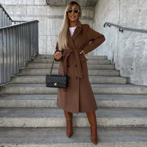 Womens winter lapel double-breasted long wool blend trench coat with matching belt.