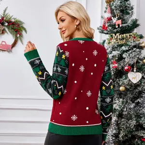 Vrouwen kersttrui lange mouw ronde hals rood groen gebreide pullover winter top