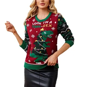 Kersttrui vrouwen grappige dino kerstboom print lange mouw gebreide trui topjes