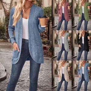 Detailed view of women casual long sleeve knit cardigan with pockets, solid color.