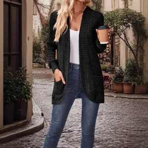 Stylish Solid Color Long Sleeve Open Front Knit Cardigan with Pockets for Women