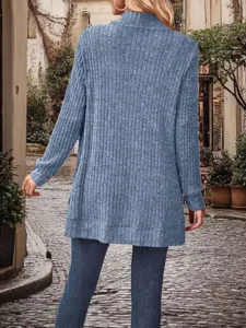 Women long sleeve casual solid color pocket knitted cardigan sweater jacket outer