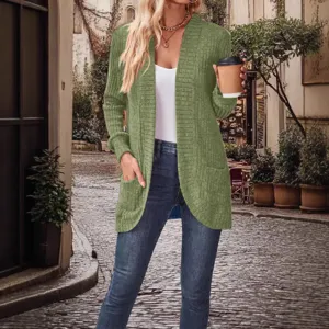 Casual solid color long sleeve pocket knit cardigan sweater outerwear for women