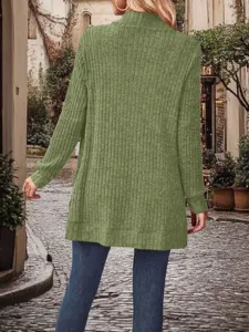 Detail view of women solid color ribbed knit cardigan, long sleeve casual open front sweater.