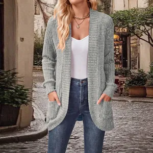Women grey ribbed knit cardigan long sleeve open front sweater with pockets casual outerwear