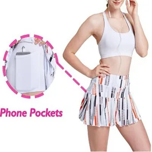 Women white pleated sports tennis golf skirt with built in shorts and convenient phone pocket.