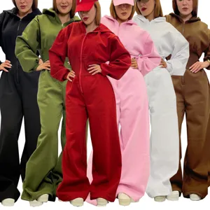 Women Casual Solid Color Hooded Long Sleeve Zipper Jumpsuit Autumn Winter Sports Romper