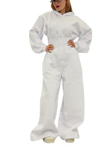 Women casual solid white hooded jumpsuit long sleeve zip waist wide leg streetwear overall.
