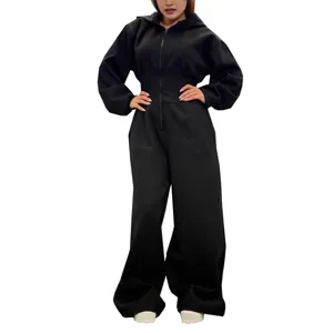 Black hooded jumpsuit detail view, long sleeves, cinched waist, casual sportswear style.