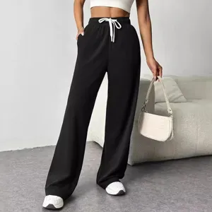 Pantaloni della tuta larghi neri a vita alta casual con coulisse comodi per abbigliamento quotidiano.