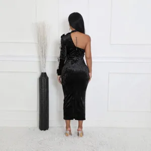 Women's Sexy One-Shoulder Velvet Bodycon Dress Rhinestone Long Sleeve Evening Party Gown