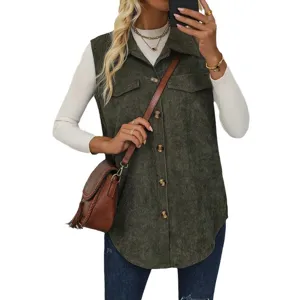 Women casual corduroy button down lapel vest sleeveless outerwear solid color cardigan top