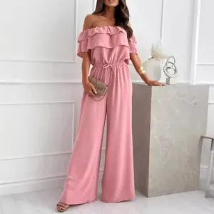 Tuta da Donna Elegante Tinta Unita Con Spalle Scoperte Volant Patchwork Vita Alta Gamba Larga Completo Unico per Vacanza Romper