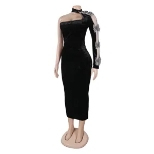 Black velvet one-shoulder bodycon dress featuring rhinestone bow mesh long sleeves for women.