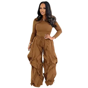 Women Casual Two Piece Set Slim Fit Long Sleeve Top And Wide Leg Spliced Ruffle Pants Commuter Autumn Winter Suit