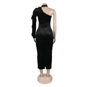 Black velvet one-shoulder long sleeve detail view, showing elegant back design and bows.