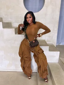 Women autumn winter slim top wide leg ruffle cargo pants two piece commuting set