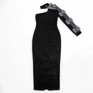 Black velvet one shoulder long dress with rhinestone bow mesh sleeve elegant evening party maxi