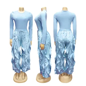 Light blue long sleeve top and ruffled wide leg pants two piece set for women fashion casual wear