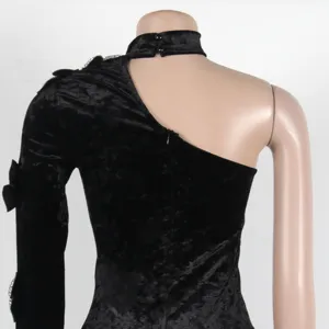 Black velvet one-shoulder long sleeve dress back detail showcasing elegant party wear style.